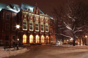 Collegium Novum - Jagiellonian Univercity at night, winter, Krakow, Poland
