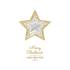 Design of Christmas greeting card with with hand drawn star. Vector.