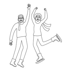 Happy people in winter in black and white