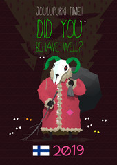 Christmas card with traditional finnish character Joulupukki. Like Krampus he comes for bad children. And brings gifts for those who behave well. Vector illustration.