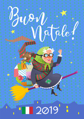 Befana - traditional Italian character, who brings presents at Epiphany - january holiday. Greeting card. Vector illustration