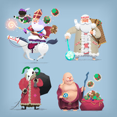 Obraz na płótnie Canvas Traditional Christmas characters of different countries. Part 2. Vector illustrations with people bringing presents for winter holidays