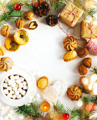 Cup of hot chocolate and assorted cookies: linzer cookies,shortbread, nuts cookie, orange almond cookie.