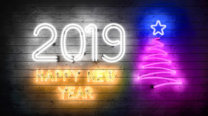 New Year 2019. Neon shapes with lights