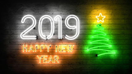 2019 Happy New Year. Neon shapes with lights