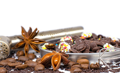 Set for making hot chocolate with spices and coffee beans.