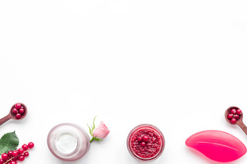 homemade spa with wineberry cosmetic set on white background top view mock-up