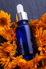 essential oil of calendula on a dark stone background