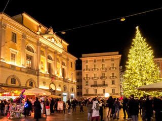 Place Reformation with illuminated Christmas tree and Municipal Palace