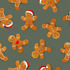 Vector seamless background with realistic christmas gingerbread mans, decorated with icing, on gray-green background