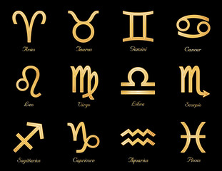 Horoscope Symbols, twelve gold silhouette sun signs of the Zodiac: Cancer, Leo, Libra, Virgo, Scorpio, Sagittarius, Capricorn, Aquarius, Pisces, Aries, Taurus, Gemini, isolated on black. 