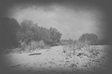 sad, empty, lonely, morning, with the road and snow at the beginning of winter