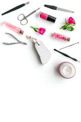manicure tools set for nail care on white background top view mock up