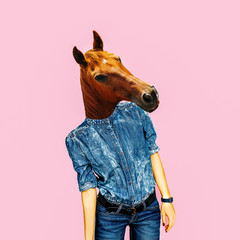 Contemporary art collage. Hipster horse in trendy jeans clothes