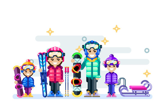 Happy family isolated winter illustration. People do winter sports, ski and snowboarding. Vector flat style illustration.