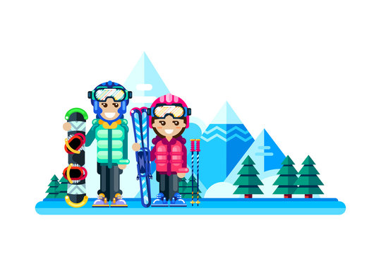 Happy couple at winter ski resort, vector flat isolated illustration. Weekend travel in mountains, leisure outdoor concept