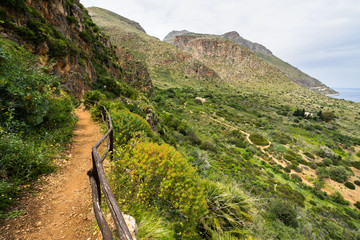 Panoramic hiking trail on the coastline of Gulf of Castellamare at natural reserve 