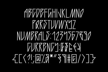 Sharp gothic neon linear tube font, uppercase and lowercase geometric sans serif typography, numerals and symbols, thin and angled minimalistic tattoo letters for neon signs, invitations and art