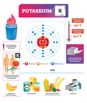 Potassium vector illustration. Chemical element characteristics and uses.