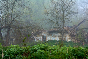  An abandoned dilapidated house of on the outskirts of the village in the morning mist. Authentic architecture.