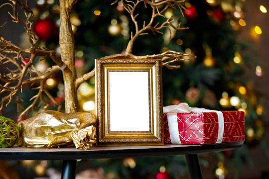 Empty photo frame in christmas interior background, blank mockup template