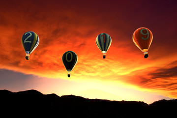 vintage 2019 hot hair balloons at sunset