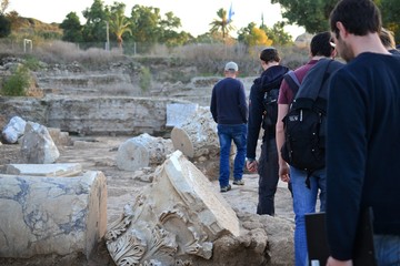 Archaeology class visiting ruins of Ancient and Biblical City of Ashkelon in Israel, Holy Land