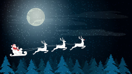 Obraz na płótnie Canvas Santa Claus flying with his sleigh with Reindeer above snowy woods