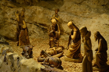 Manger at Shepherds Field Chapel, christmas eve, wooden figures, Bethlehem, Palestine, Israel