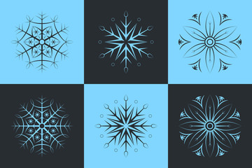Set of 6 Isolated Snowflakes. Six-pointed and Eight-pointed Unique Icons. Vector Design Elements for Merry Christmas and New Year