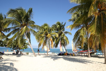 Obraz na płótnie Canvas tropical beach with palm trees, white sand and sailboats