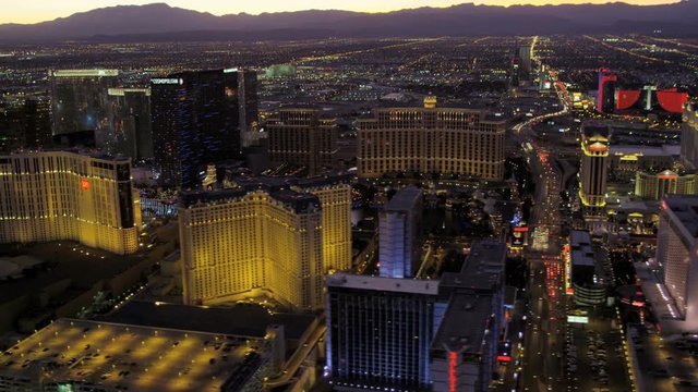 Las Vegas April 2017 Aerial landscape illuminated city view at sunset of luxury Hotels and Casinos Nevada 
