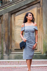 Woman Street Fashion in New York. Young Beautiful American lady wearing gray patterned off shoulder dress,  wristwatch, carrying small black leather bag, looking around, walking in Central Park..