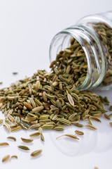 essential oil of fennel seeds on a white background