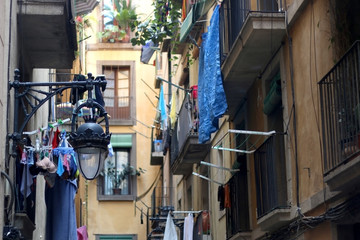 Colorful facades and streets of Barcelona, Spain.