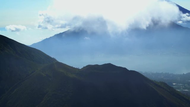 Aerial view Mt Batur Mt Abang Mt Agung Volcano Bali Indonesia Southeast Asia