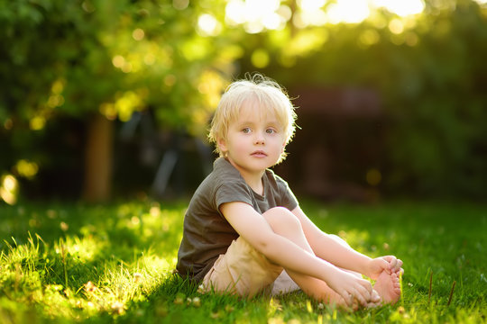 Beautiful boy is sitting on the grass on a sunny summer day. Happy childhood.