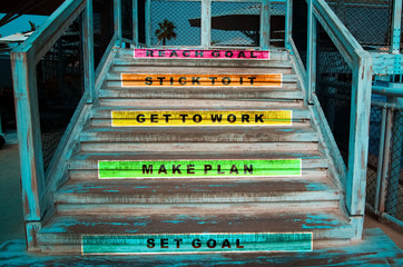 Steps on how to reach your goal written on a stairway.