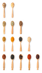 Wooden spoons with different spices and herbs on white background, top view. Large collection