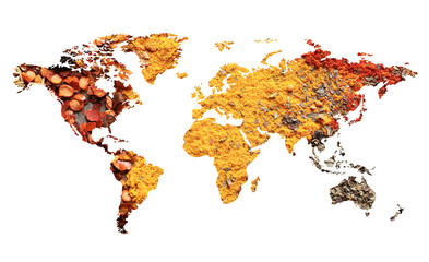 World map of different aromatic spices on white background. Creative collection