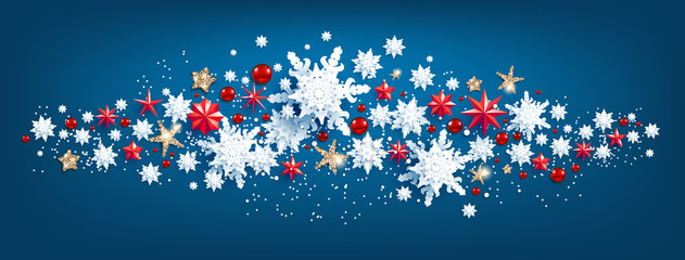 Web Banner Social Media template. Winter decoration with snowflakes, stars and balls festive luxury background