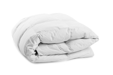 Folded clean blanket on white background. Household textile