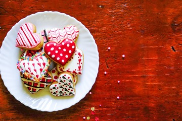 Heart shaped cookies icing for Valentine's day delicious homemade natural pastry, baking with love for Valentine's day, love concept