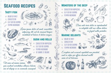 Seafood recipes hand drawn sketches. Vector