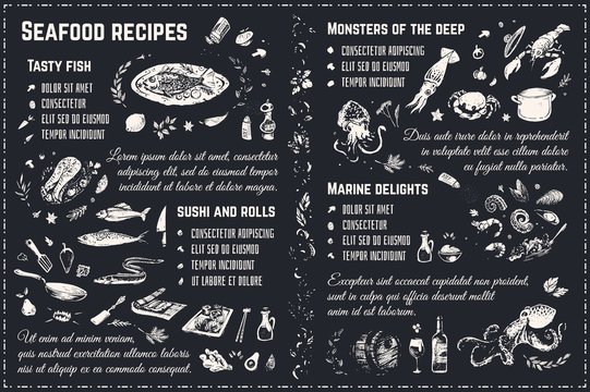 Seafood recipes chalk drawing sketches. Vector