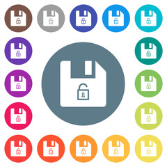 Unlock file flat white icons on round color backgrounds