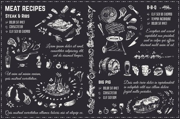 Meat dishes recipes. Chalk drawing vector design