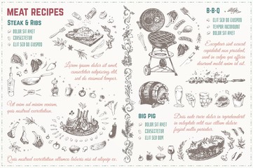 Meat dishes recipe hand drawn sketches