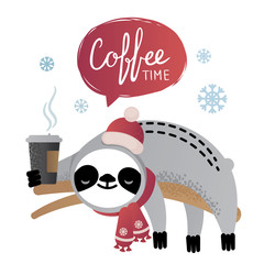 Cute vector sloth bear animal with a cup of coffee