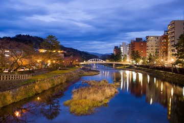 Nightfall on the Asanogawa river, Kanazawa, Japan.